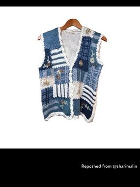 Hand-Knit Blue Patchwork Vest with Floral Detail